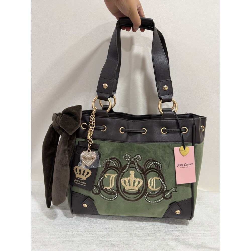 New Juicy Couture Lovers Club Green Brown Daydreamer Tote Shoulder Handbag Charm